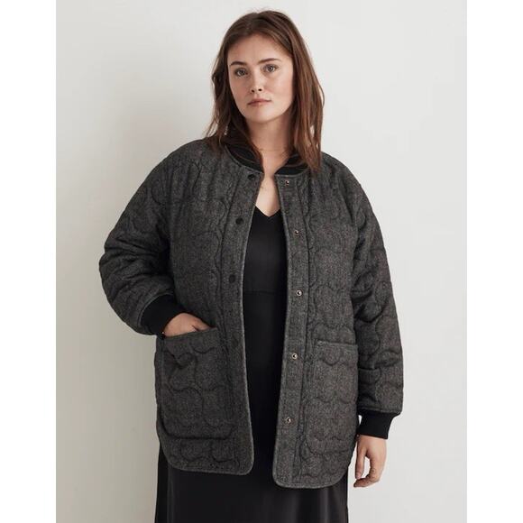 Madewell Quilted Oversized Bomber Jacket Medium Charcoal Wool Herringbone Snap - Picture 4 of 7